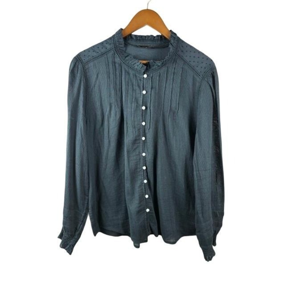 Quince Women XL Charcoal Grey Pintuck Swiss Dot Ruffle Neck Button Down Blouse